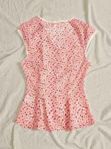 Women's Retro Ditsy Floral Button Ruched V-Neck T-Shirt, Suitable For Summer - Baby Pink - View 2