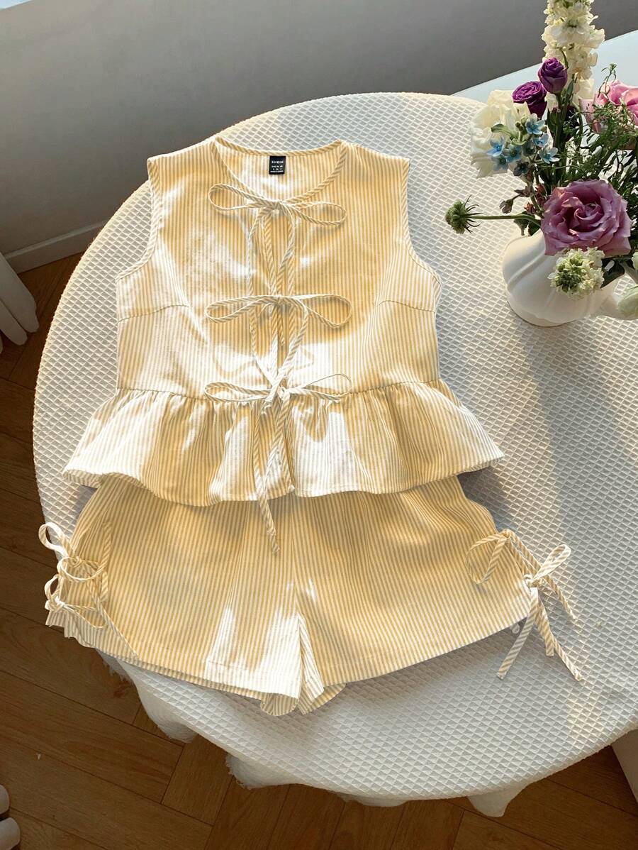 Comfortcana Women's Yellow Striped Woven Casual Outfit, Summer - Yellow - View 1