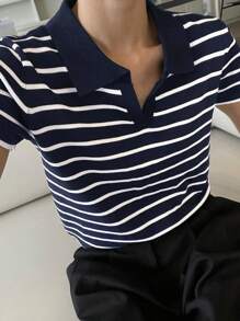 DAZY Women's Collared Striped Pullover Short Sleeve Sweater - Navy Blue - View 2