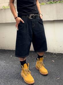 Manfinity Hypemode Men's Casual Denim Wide Leg Bermuda Shorts, Fashionable For Summer