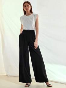 MOTF STUDIO HIGH WAIST FOLD PLEATED WIDE LEG SUIT PANTS, EVERYDAY WEAR - Black - View 6