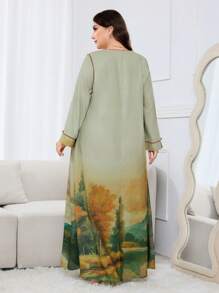 Al Najma 大码女式风景印花缺口领优雅长袖土耳其和阿拉伯风格长裙，端庄的卡夫坦 - 彩色 - 查看 2