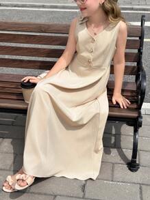 SHEIN Tween Girls Casual Commuter Butterfly Knot Decor Sleeveless A-Line Maxi Dress