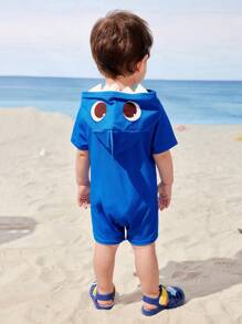 BABY SHARK X SHEIN 男婴可爱鲨鱼图案连帽蓝色短袖连衣裤 - 藍色 - 查看 2