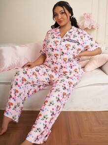 THE POWERPUFF GIRLS X SHEIN Conjunto de pijama con blusa de manga corta y pantalón largo con estampado de Flor, Burbuja, Florecita en talla grande