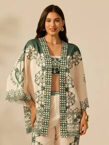 CAJUNI Women's Boho Tropical Green Pineapple Plant Print, Loose And Casual Beach Kimono Cover Up, Holiday Clothes, Vacation Outfits Woman, Festival - Multicolor - View 1