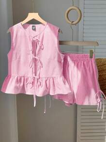 Comfortcana Summer Pink Striped Woven Ladies Set - Pink - View 5