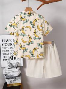SHEIN 2pcs/Set Tween Boy Casual Loose Turndown Collar Patterned Short Sleeve Shirt & Shorts Set - Apricot - View 2