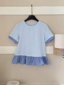 DAZY Maglietta estiva casual a girocollo a maniche corte da donna, in patchwork a quadri, crop top, carina e aderente