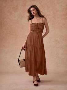 Écloséra Angola Red French Elegant Sexy Suspender Hollow Pleated Backless Patchwork Midi Dress, Women, Spring/Summer - Brown - View 3