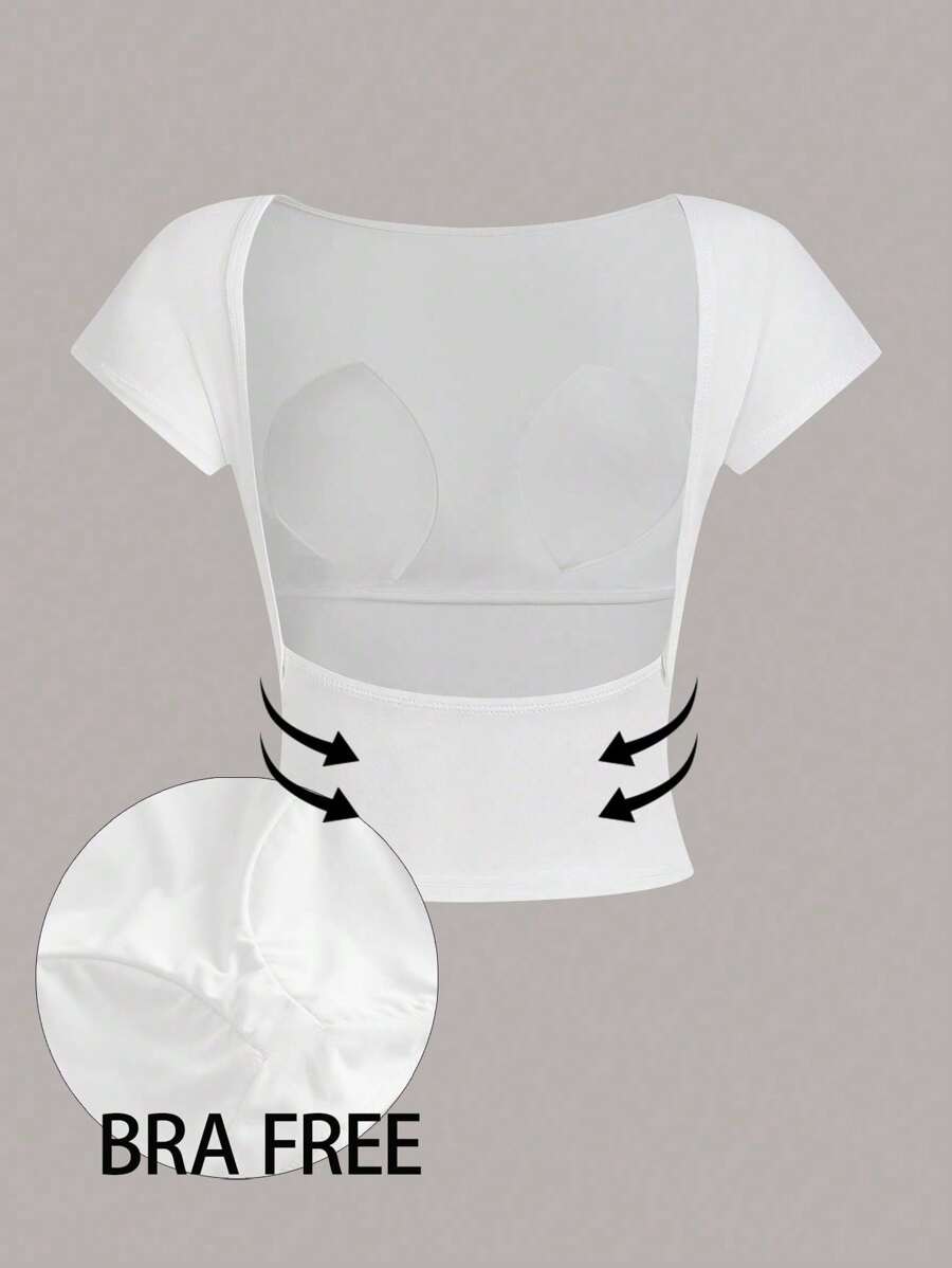 Women's Padded Backless Sexy Short Sleeve Tight-Fitting T-Shirt, Suitable For Summer, Built-In Bra - White - View 1