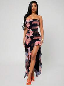 SHEIN SXY Summer Butterfly Print Flowy Ruffle Hem Backless High Slit Fitted Dress - Pink - View 3