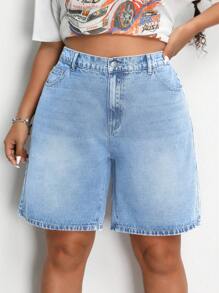 SHEIN ICON Plus Size Women's Loose-Fit Casual Denim Shorts With Pockets Autumn Outfits For Women Festival Outfits Bermuda Shorts Casual