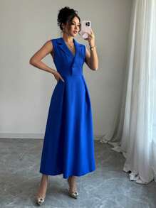 Chiquease Women Solid Color Lapel Neck Single-Breasted Sleeveless Elegant Dress - Blue - View 7