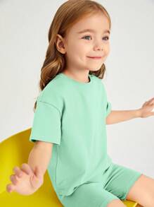SHEIN 2pcs/Set Young Girl Daily Casual Solid Color Shorts Set - Green - View 6
