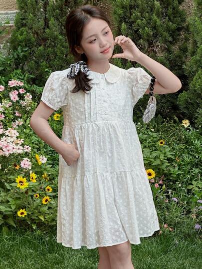 DAZY Fashionable Tween Girl Peter Pan Collar Short Sleeve Dress For Summer, Back To School Clothes