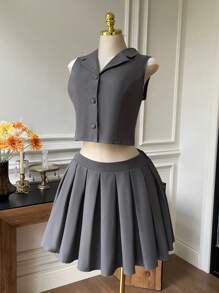 Comfortcana Set di 2 pezzi da donna oversize per l'estate, top senza maniche con bottoni frontali e gonna plissettata in tinta unita