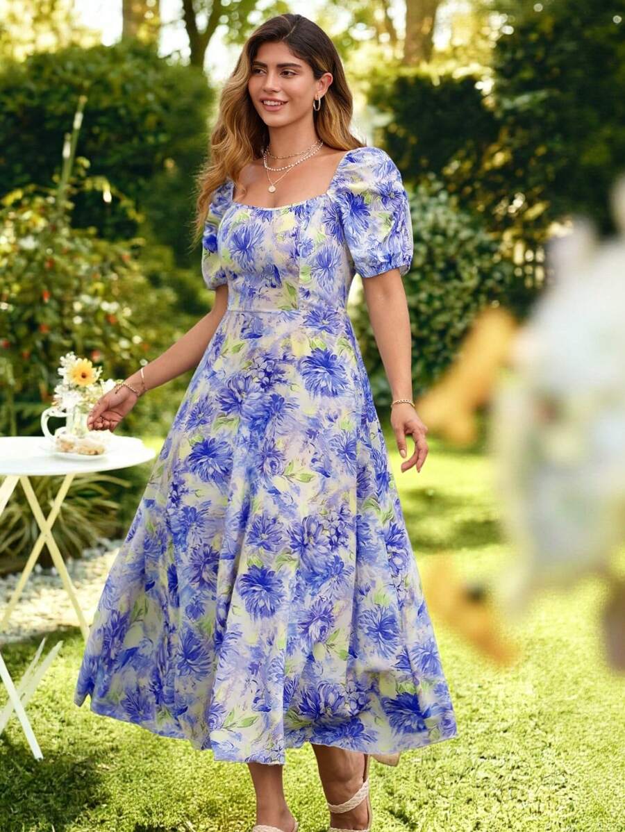 KURAYIA Vestido de mujer de talla grande con cuello cuadrado, manga abultada y estampado floral