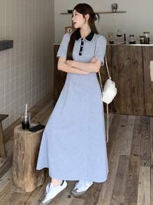 DAZY 女式夏季休闲撞色马球领纯色中长连衣裙 - 灰色 - 查看 7