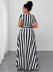 Maweii Plus Size Summer Fashion Color Block Striped High Slit Dress - Multicolor - View 3