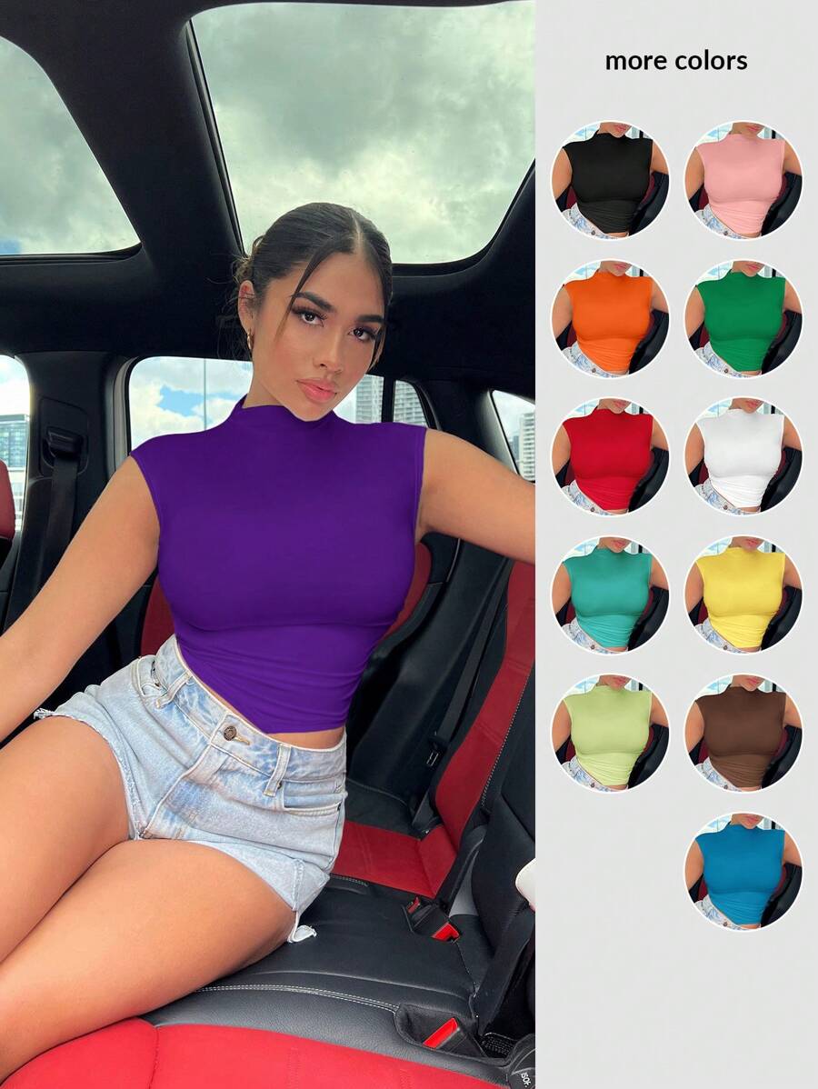 SHEIN SXY Mock Neck Cap Sleeve Crop Tee