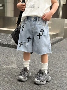 Quần short denim xanh rách họa tiết chữ thập dành cho thiếu niên nam, trang phục thường ngày cho thiếu niên nam, trang phục dự tiệc mùa xuân đến hè cho thiếu niên nam, trang phục đường phố. - Màu xanh lam - Xem 3