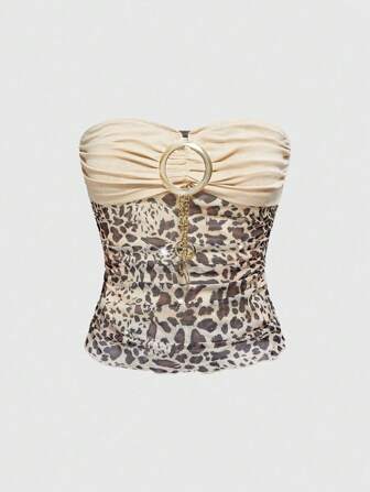Grunge Punk Top corto ajustado con cadena de metal y aplicaciones de strass con estampado de leopardo, estilo vintage moderno para mujeres