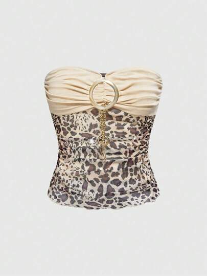 Grunge Punk Leoparden-Muster Strass Metall-Ketten Krawatte eng anliegendes Crop Top für Frauen, Vintage-moderner Stil