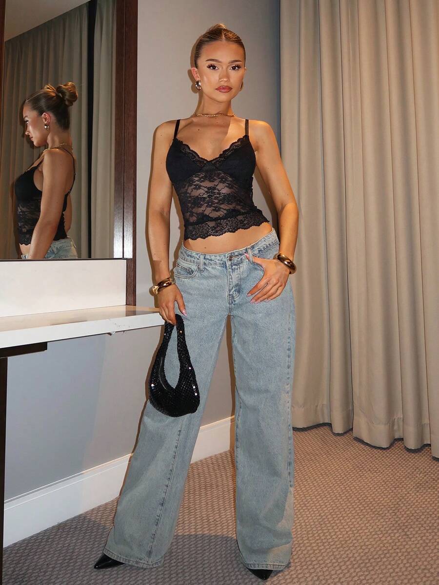 SHEIN BAE 1 Piece Of Spring And Summer Sexy Lace See-Through Camisole Suitable For Dating, Fashionable Outings, Clubs, Rave Parties, Corset Tops, Music Festivals, Girlfriends Gatherings, Halloween Clothes,Halloween Costume