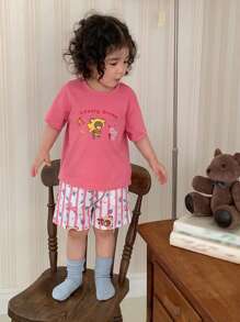 Hapijoa Toddler Girl Casual Round Neck Cartoon Print T-Shirt And Plaid Shorts Set, Home Outfit