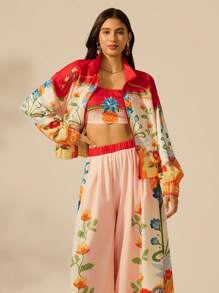 CAJUNI 女士波西米亚风彩色热带菠萝印花蕾丝上衣，夏季休闲沙滩上衣 - 彩色 - 查看 7