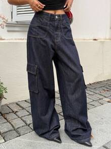 Muchica Women Solid Color Pockets Casual Loose Fit Cargo Jeans - Pink - View 4