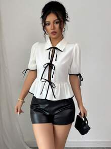 SHEIN Clasi Camisa con diseño de encaje cruzado sexy y casual para mujer - Albaricoque - Ver 4