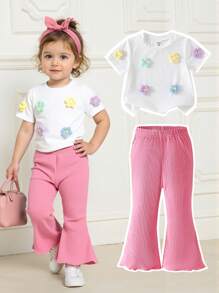 女宝宝夏季休闲韩版可爱圆领短袖花朵印花上衣T恤针织罗纹喇叭裤套装