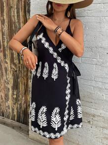 SHEIN VCAY Plus Size Black Floral Print Wrap Front V-Neck Short Dress, Summer Holiday Wear For Women Pool Party Outfit  Coconut Girl  Summer  Boho Chic Boho Style Women's Clothing Brunch Outfits For Women Airport Outfit For Women Beach Vacation Outfits City Break Outfits Holiday Outfits Western Clothes For Women Western Wear Women Plus European Summer Island Vacation Outfits Honeymoon Outfits Woman Old Money Women Short Dresses Summer Women Plus Sun Dress Women Summer Clothing - Black - View 5