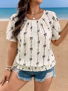 SHEIN LUNE Plus-Size Women'S Summer Mothers Day Bow Printed Crew Neck Short-Sleeved Blouse - Apricot - View 9