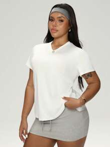 Rhythm Era Plus Size Summer Casual Solid Color Back Twist Hollow Short Sleeve Sports T-Shirt - White - View 7