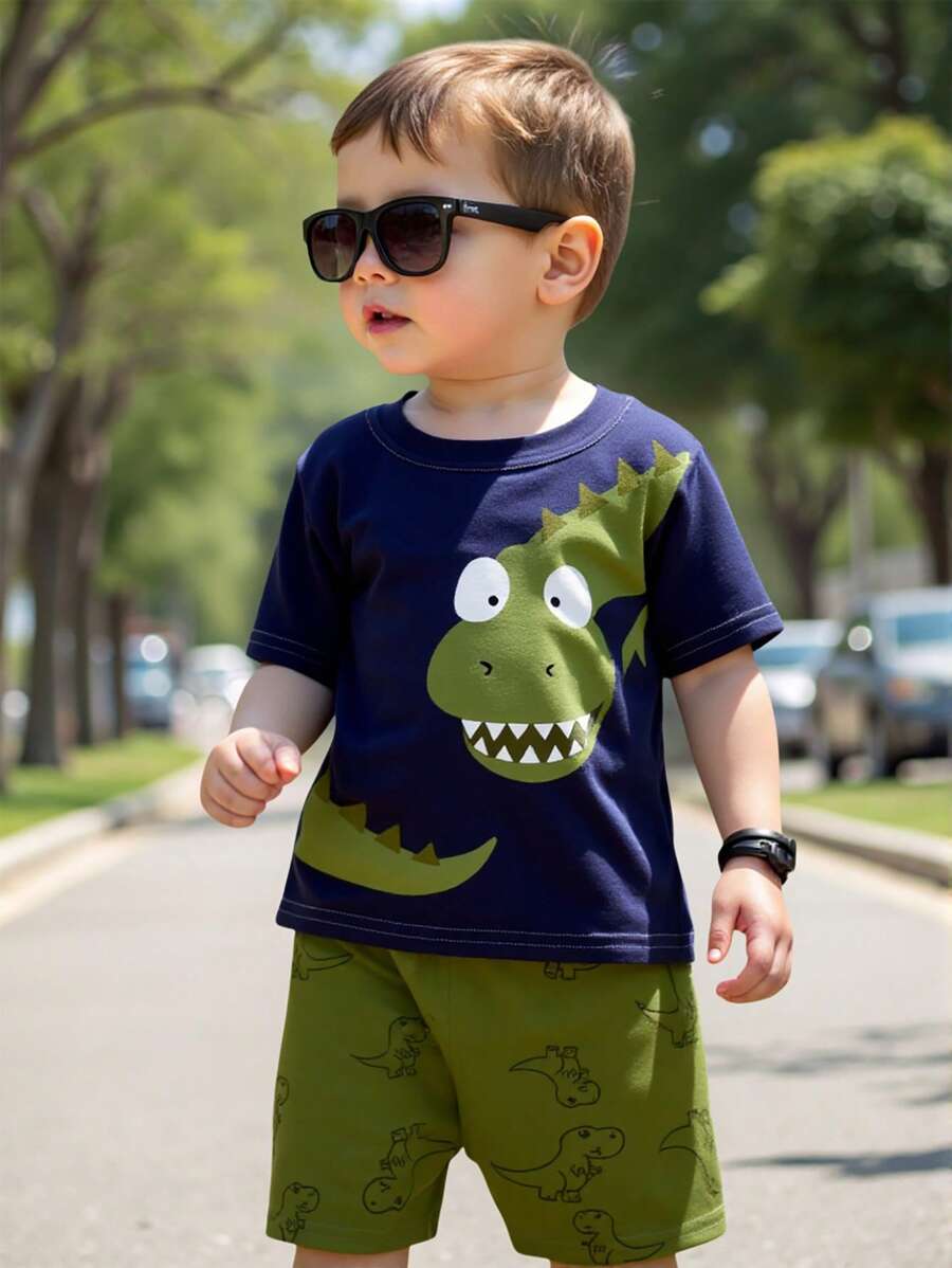 SHEIN 1 Set Baby Boys Cartoon Dinosaur Print T-Shirt & Shorts Outfit, Cute Dino Pattern Tee & Patterned Shorts, Light Fabric For Spring & Summer Everyday Wear