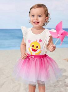 BABY SHARK X SHEIN Baby Girl Cartoon Cute Yellow Shark Heart Graphic White Casual Short Sleeve Bodysuit And Pink Mesh Cute Mini Skirt Set - Multicolor - View 3