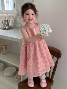 DAZY Toddler Girls' Loose Floral Satin Mid-Length Round Neck Dress - Pink - View 6