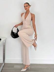 SHEIN Essnce Butter Yellow Women Two Pieces Outfits For Daily Wear Women Clothing Formal Women Summer Clothing,Office Outfits For Women,Business Casual Woman,Work Clothes Women,Vacation Two Pieces Set Women Plus Clothing Formal - Apricot - View 3