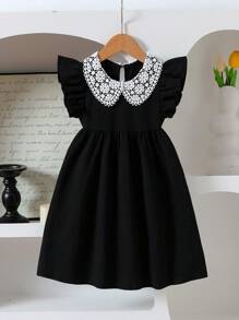 SHEIN Elladie kids 女孩优雅纯色提花纹理盖袖荷叶边领高腰 A 字公主裙，适合旅行、度假、派对、生日礼物、夏季 - 黑色 - 查看 3