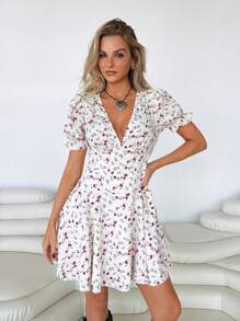 Roylia Đầm ngắn tay bồng cổ chữ V nhún eo thanh lịch cho nữ - Nhiều màu - Xem 6