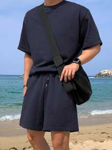 DAZY Set de 2 camisetas azul marino sólidas para hombre, de verano