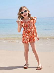 Joliand Joliand Jumpsuit De Niña Joven Con Volantes Y Estampado De Flores, Con Escote Cuadrado Y Mangas Cortas, Lindo Y Casual - Multicolor - Ver 4