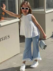 SHEIN Conjunto de 2 piezas elegante para niña preadolescente compuesto por blusa sin mangas de encaje y pantalones azules de encaje con bajo asimétrico