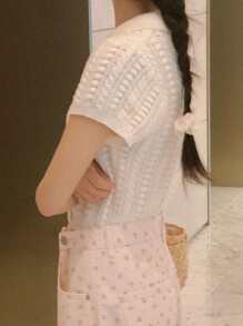 DAZY 女款白色短款麻花针织 Polo 领短袖毛衣 - 白色 - 查看 2
