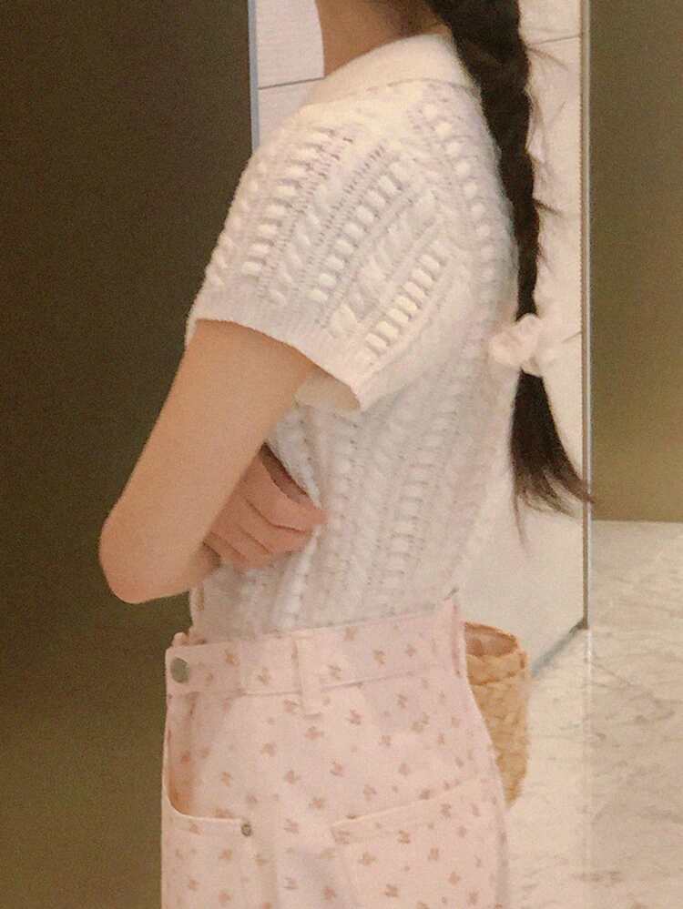 White Cropped Cable Knit Polo Collar Short Sleeve Sweater For Women