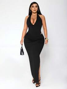 SHEIN SXY Set da 2 pezzi di taglia comoda, composto da body aderente con schiena profonda e gonna dritta con spacco alto, adatto per strada, casual, sexy, vita quotidiana, viaggi, shopping, appuntamenti. Fresco e comodo da indossare, facile da abbinare, slanciante e valorizzante per la figura.