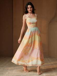 Anewsta Women's New Summer Camisole Long Dress With Waist Cinching And Yellow Floral Print